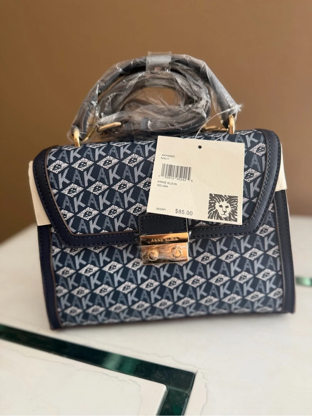 Anne Klein Navy Logo Jacquard Top-Handle Bag
